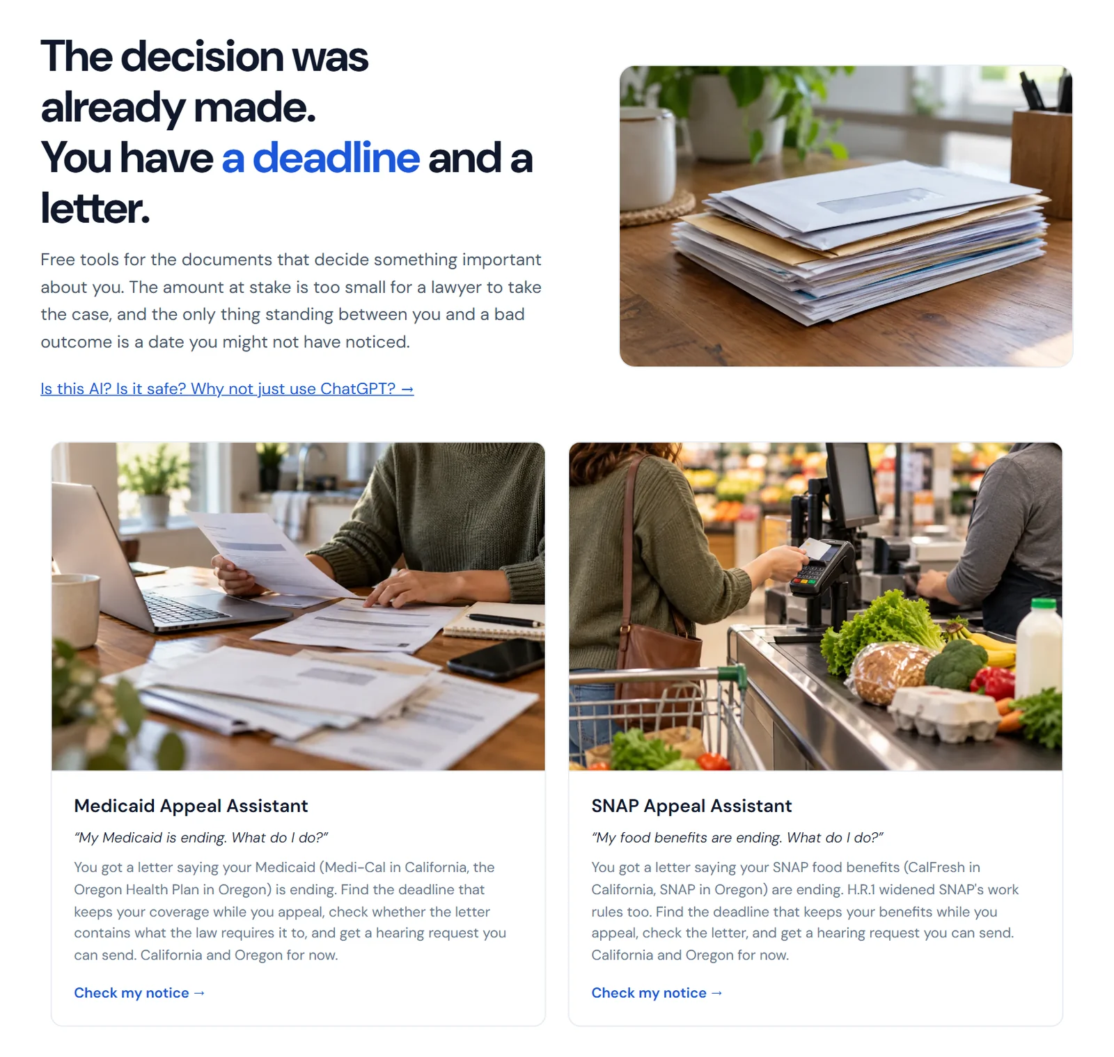 The BallotBase Civic home page, with the Medicaid Appeal Assistant and the SNAP Appeal Assistant